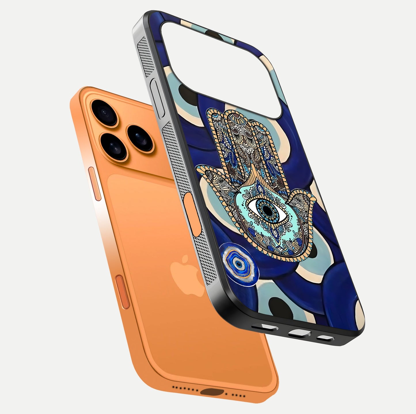 Hamsa Divine Guard Glass Case for iPhone 17 Pro Max floating dual-view mockup showing gloss shine and mystical pattern