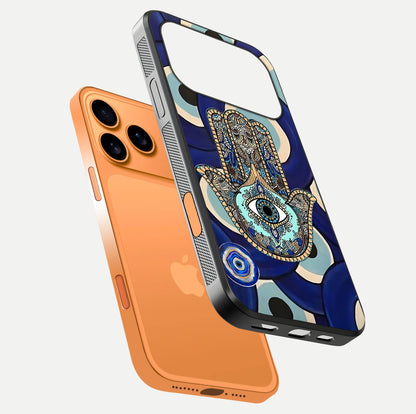 Hamsa Divine Guard Glass Case for iPhone 17 Pro Max floating dual-view mockup showing gloss shine and mystical pattern