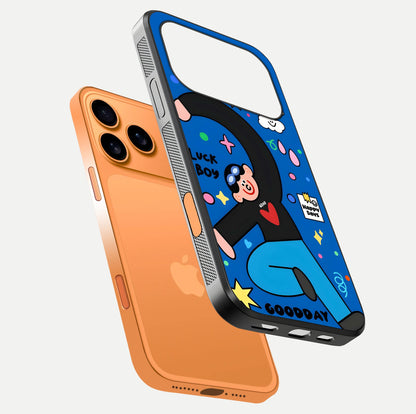 Happy Luck Vibe Glass Case for iPhone 17 Pro Max floating dual-view mockup showing glossy tone and bright finish