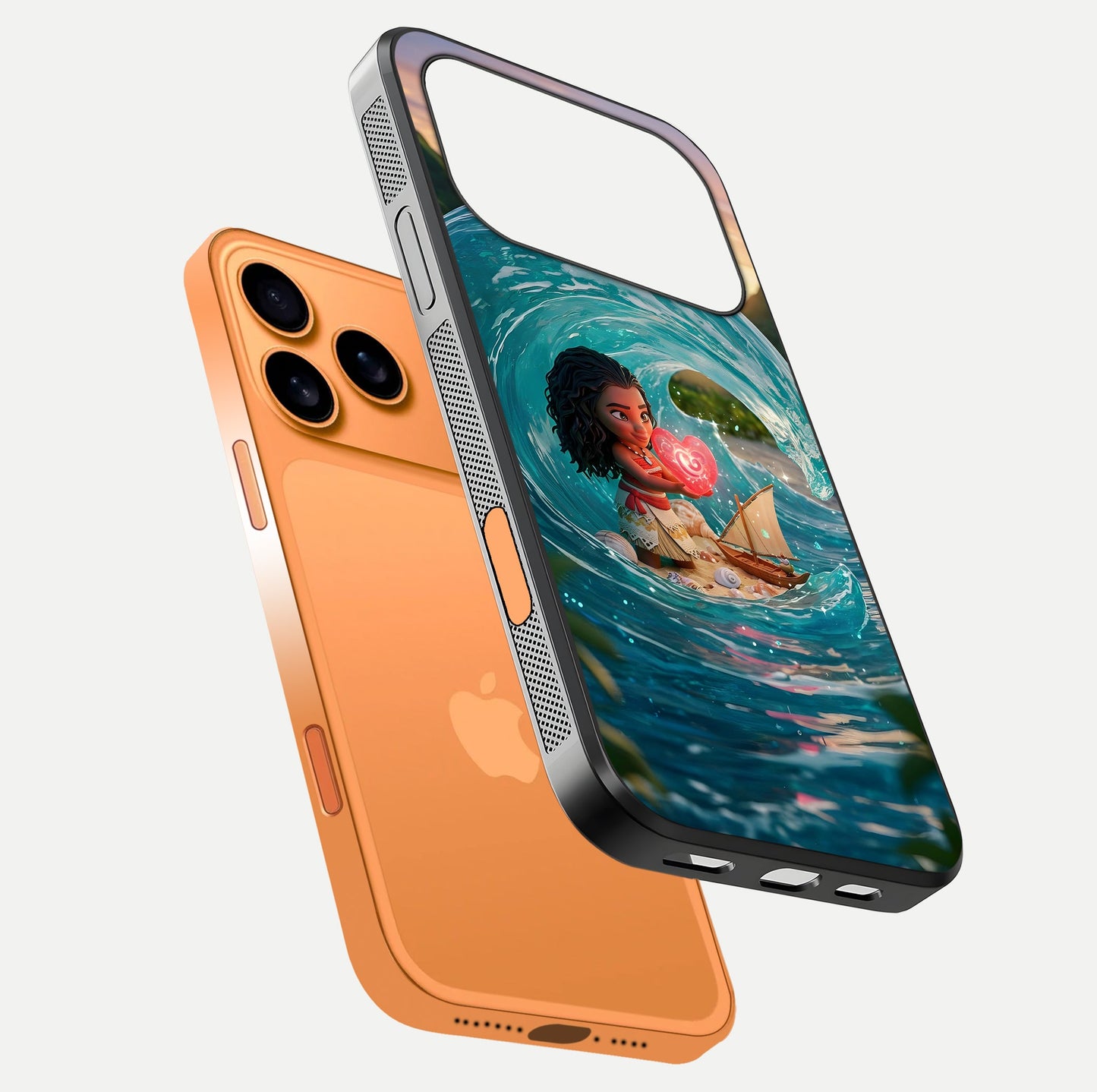 Heart of Ocean Glass Case for iPhone 17 Pro Max floating dual-view mockup showing gloss surface and aquatic design