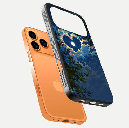 Heart with Moon Sky Glass Case for iPhone 17 Pro Max floating dual-view mockup showing gloss texture and romantic sky glow
