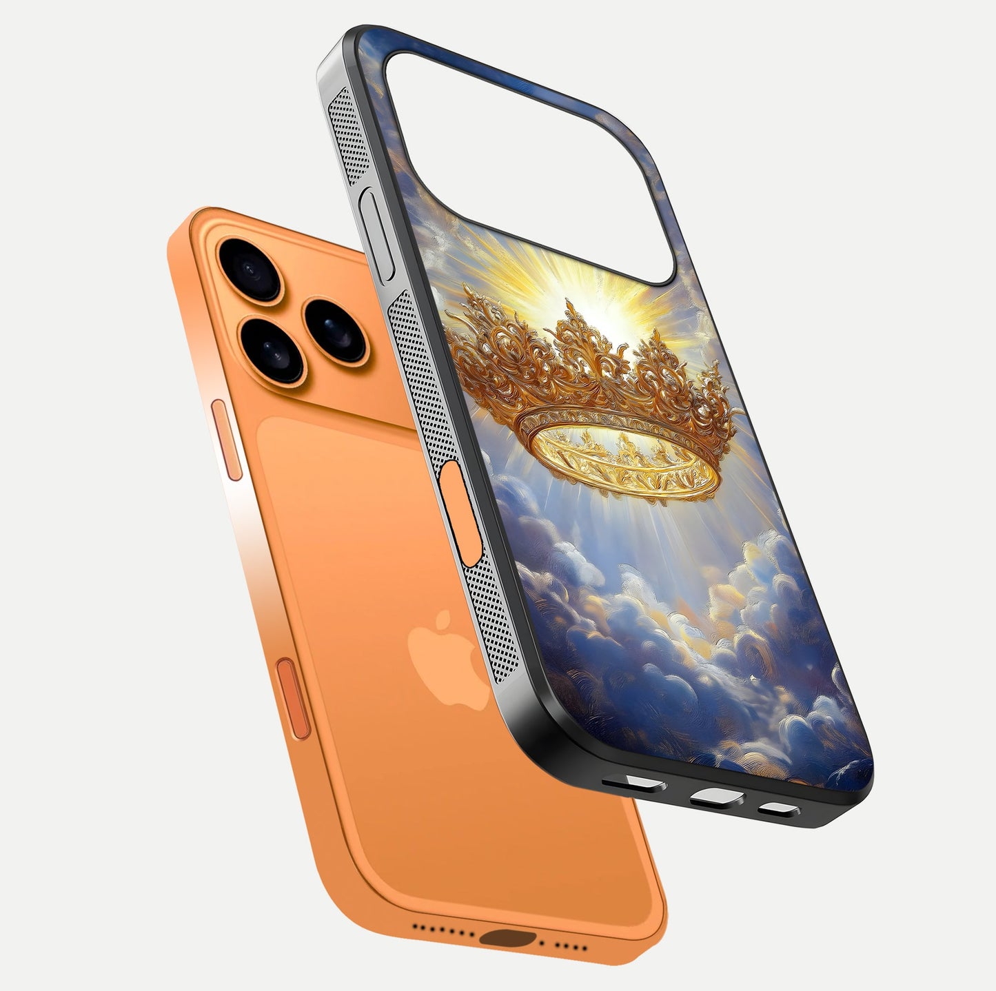 Heavenly Crown Light Glass Case for iPhone 17 Pro Max floating dual-view mockup showing gloss shine and luminous crown texture