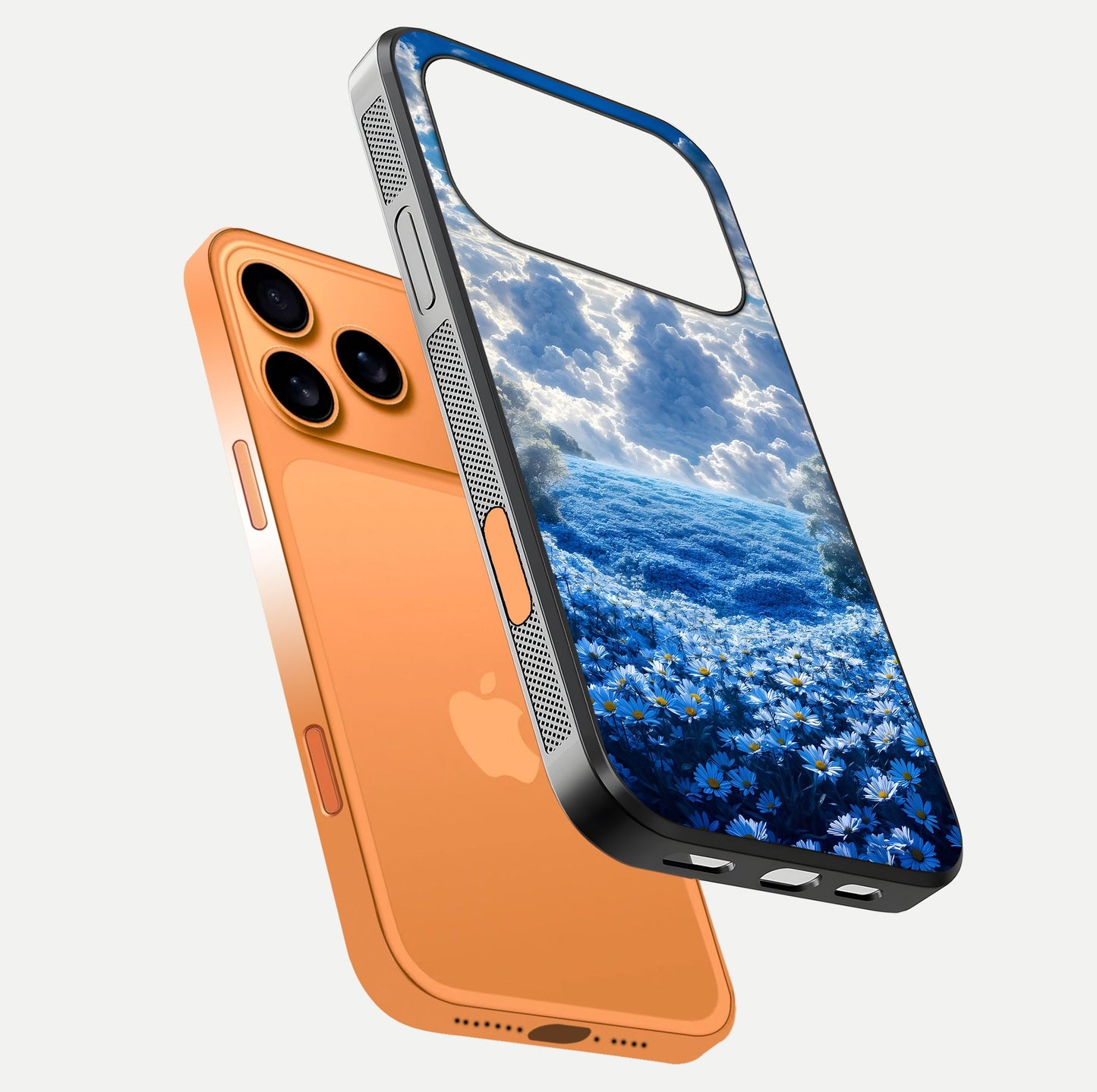 Heavenly Daisy Horizon Glass Case for iPhone 17 Pro Max floating dual-view mockup showing gloss polish and soft pastel background
