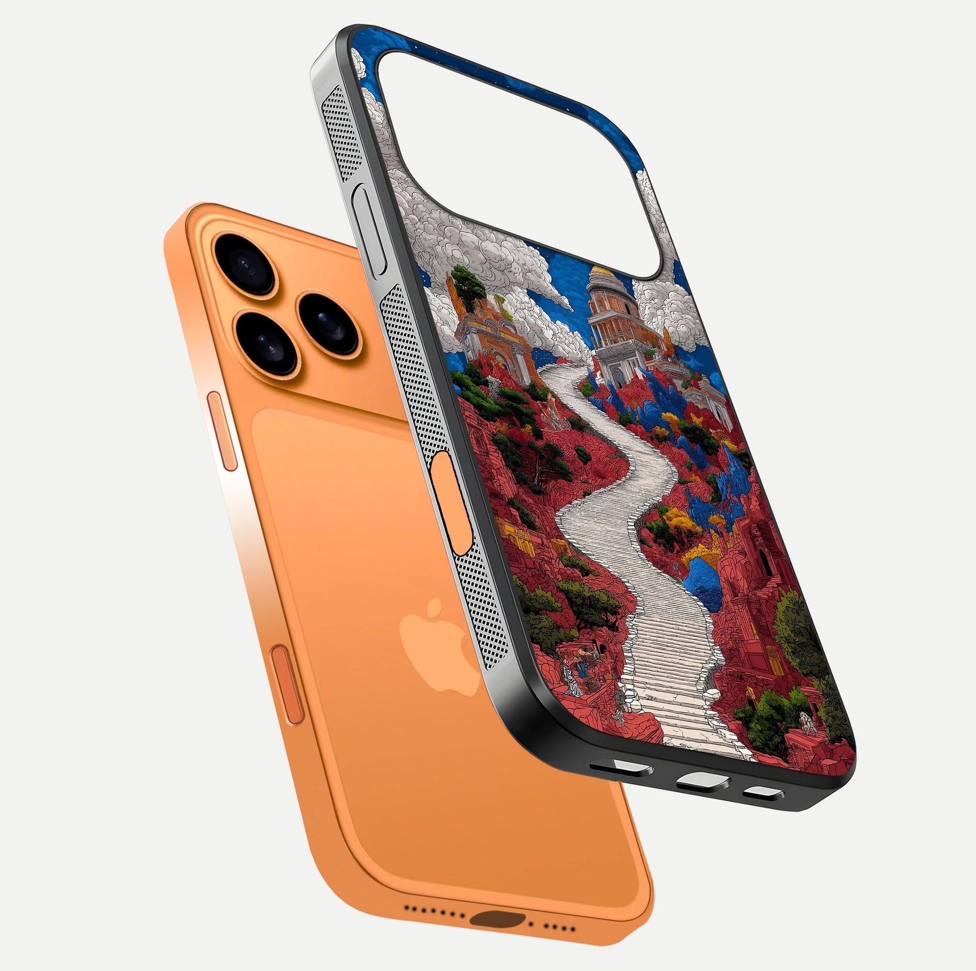 Heavenly Moon Path Glass Case for iPhone 17 Pro Max floating dual-view mockup showing gloss surface and celestial pathway