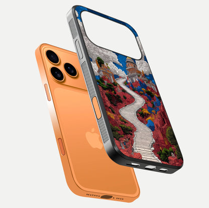 Heavenly Moon Path Glass Case for iPhone 17 Pro Max floating dual-view mockup showing gloss surface and celestial pathway