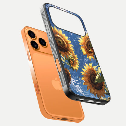 Heavenly Sunflower Rise Glass Case for iPhone 17 Pro Max floating dual-view mockup showing gloss brightness and morning-light feel