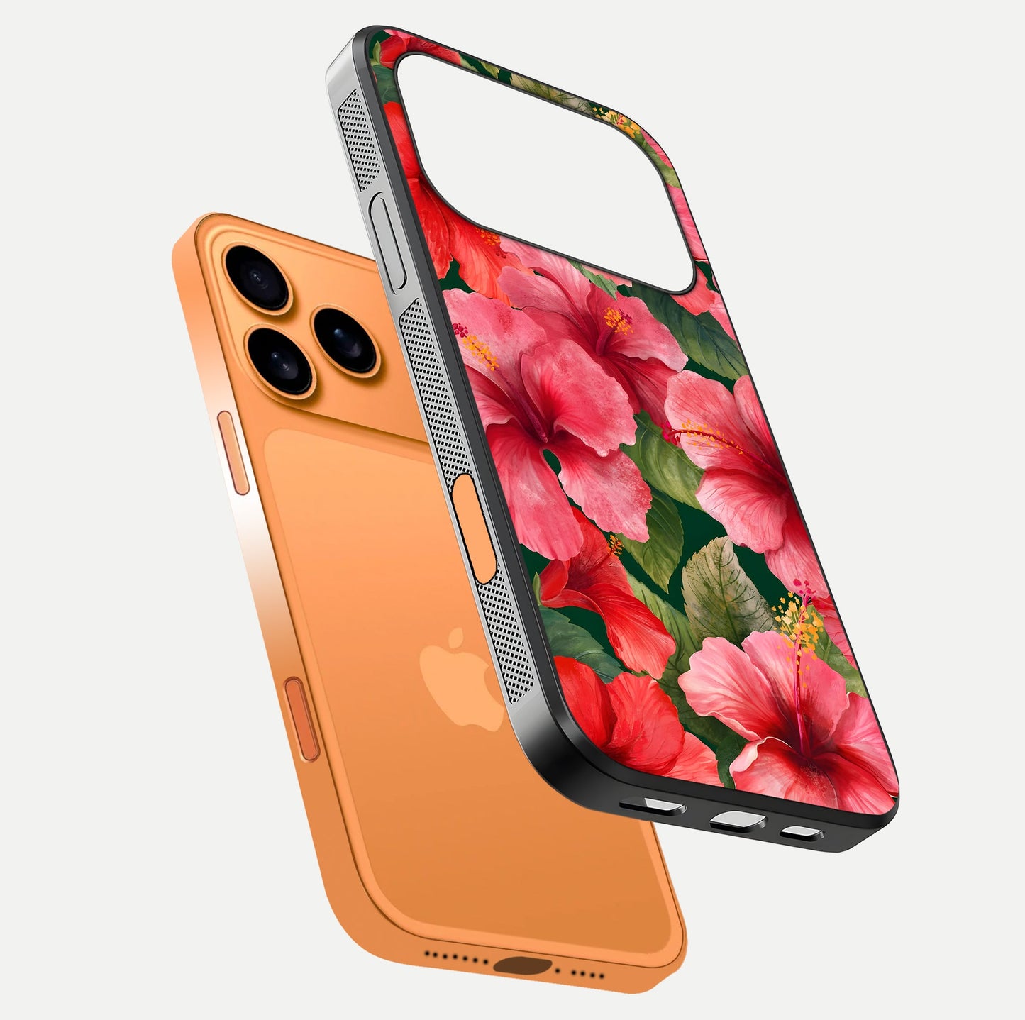 Hibiscus Pattern Glass Case for iPhone 17 Pro Max floating dual-view mockup showing glossy texture and vivid color depth