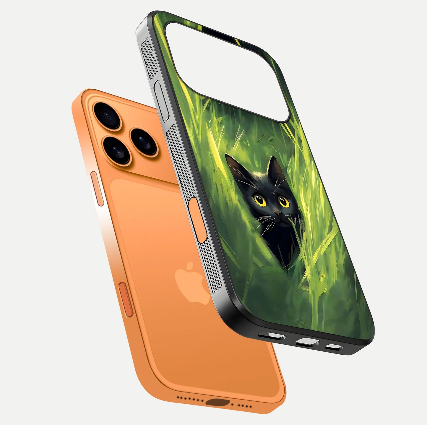 Hidden Cat Whisper Glass Case for iPhone 17 Pro Max floating dual-view mockup showing glossy tone and elegant cat silhouette