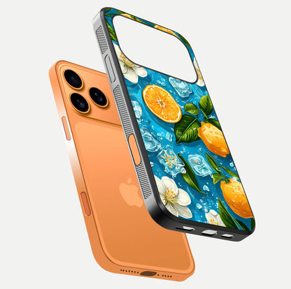 Ice Cube With Orange Glass Case for iPhone 17 Pro Max floating dual-view mockup showing glossy shine and cool refreshing tone