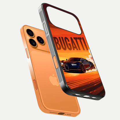 Inferno Bugatti Storm Glass Case for iPhone 17 Pro Max floating dual-view mockup showing gloss surface and racing energy