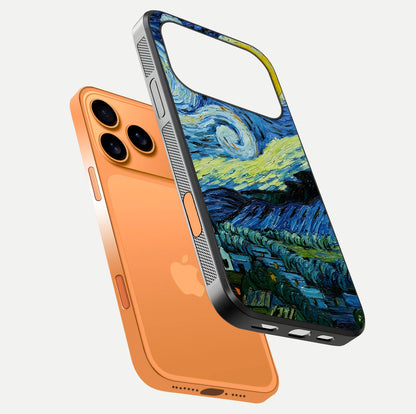 Inspired Van Gogh Art Glass Case for iPhone 17 Pro Max floating dual-view mockup showing gloss depth and artistic reflection