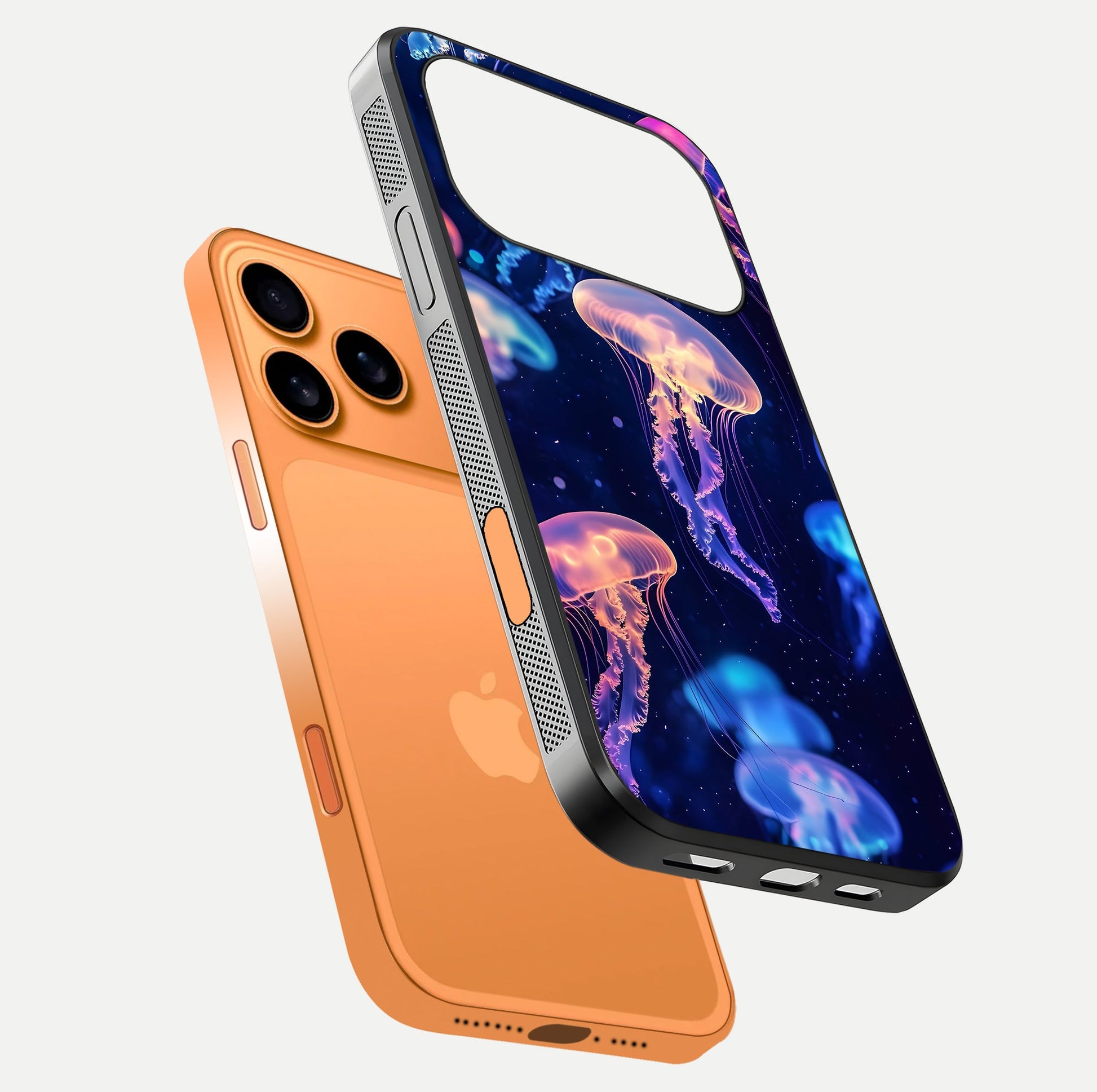Jellyfish Pattern Glass Case for iPhone 17 Pro Max floating dual-view mockup showing gloss texture and oceanic depth
