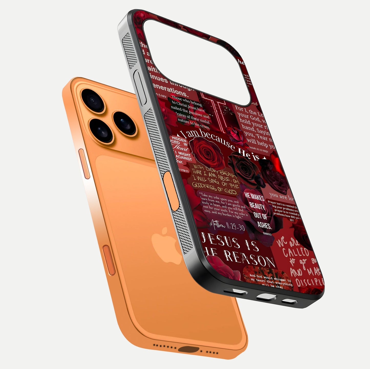 Jesus Love Heals Glass Case for iPhone 17 Pro Max floating dual-view mockup showing glossy shine and faith-inspired art