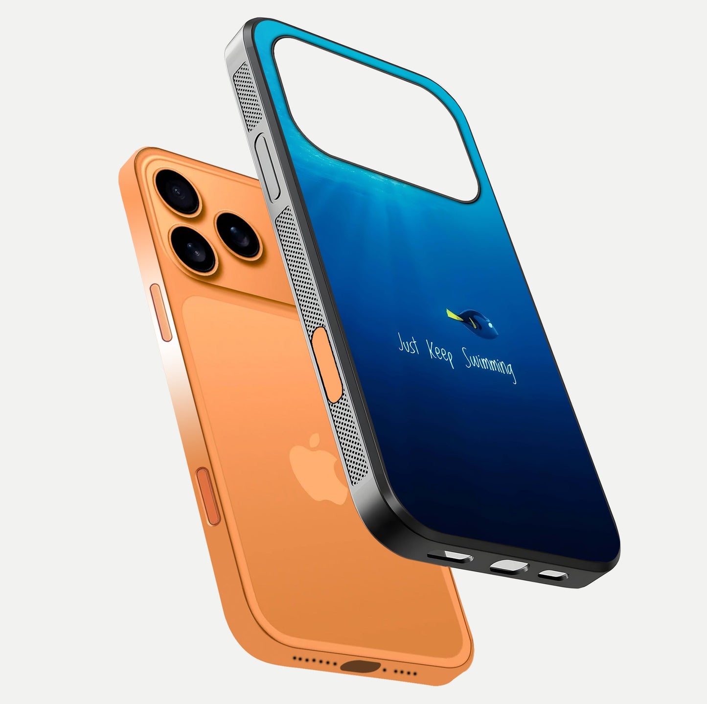 Just Keep Swimming Glass Case for iPhone 17 Pro Max floating dual-view mockup showing gloss brightness and wave motif