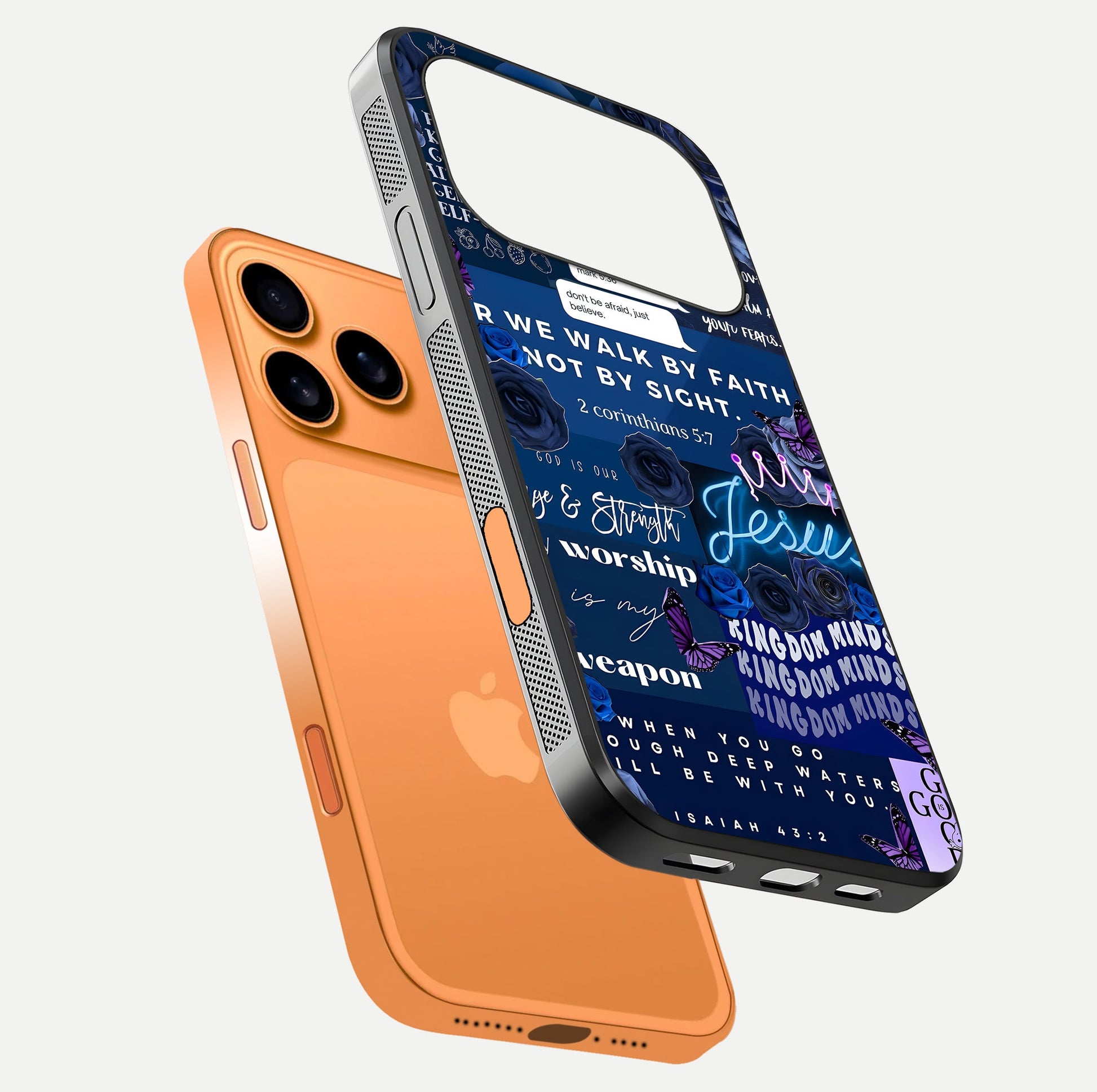 Kingdom Faith Glow Glass Case for iPhone 17 Pro Max floating dual-view mockup showing premium gloss and golden aura