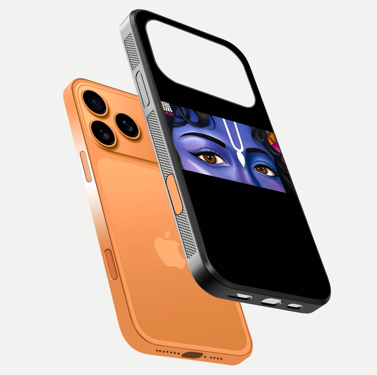 Krishna Eye Glass Case for iPhone 17 Pro Max floating dual-view mockup showing gloss surface and divine art depth