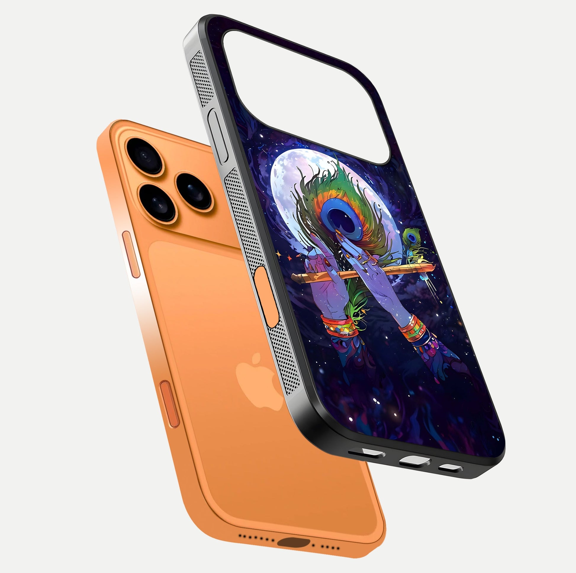 Krishna Hands Art Glass Case for iPhone 17 Pro Max floating dual-view mockup showing premium gloss reflection