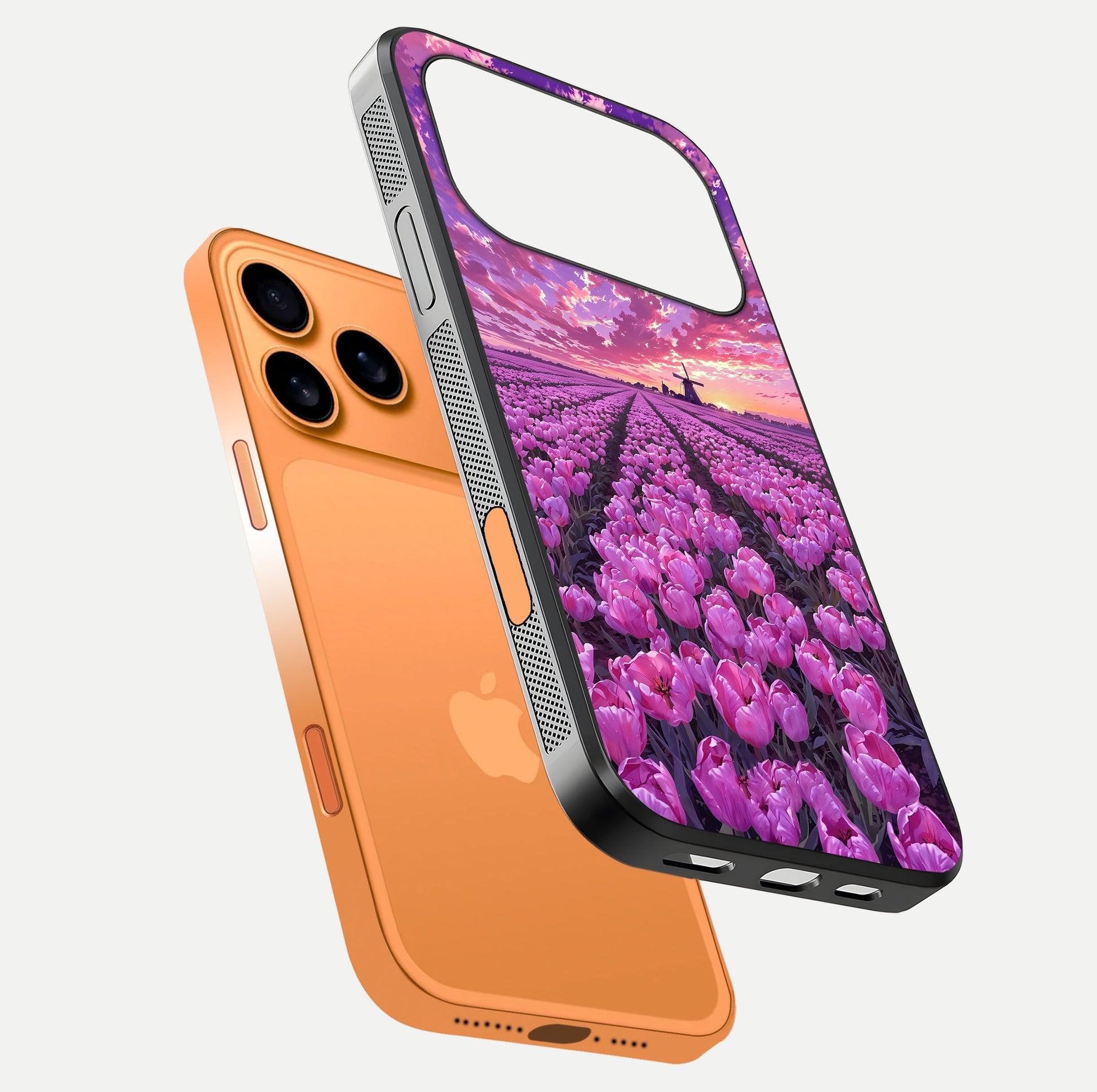 Lavender Dream Skies Glass Case for iPhone 17 Pro Max floating dual-view mockup showing gloss polish and pastel design