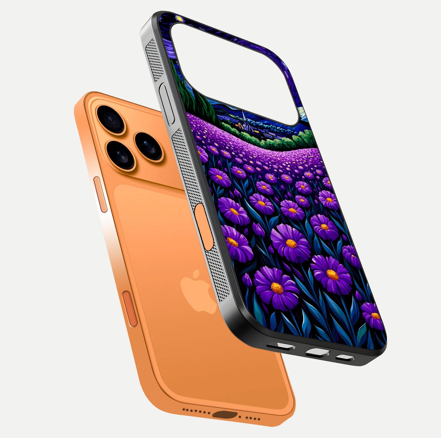 Lavender Moon Field Glass Case for iPhone 17 Pro Max floating dual-view mockup showing gloss surface and floral glow