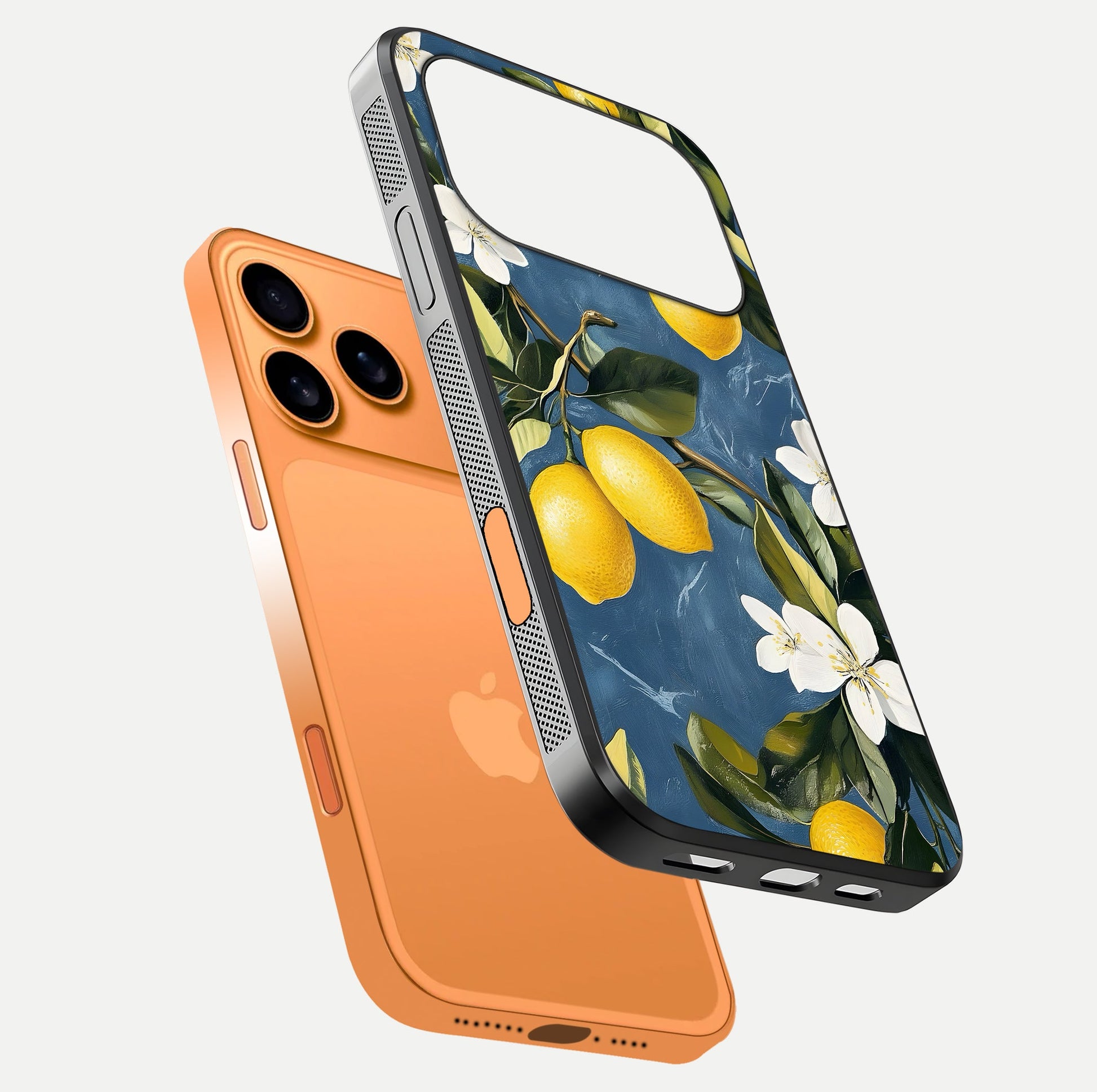 Lemon Dream Garden Glass Case for iPhone 17 Pro Max floating dual-view mockup showing gloss brightness and vivid yellow print
