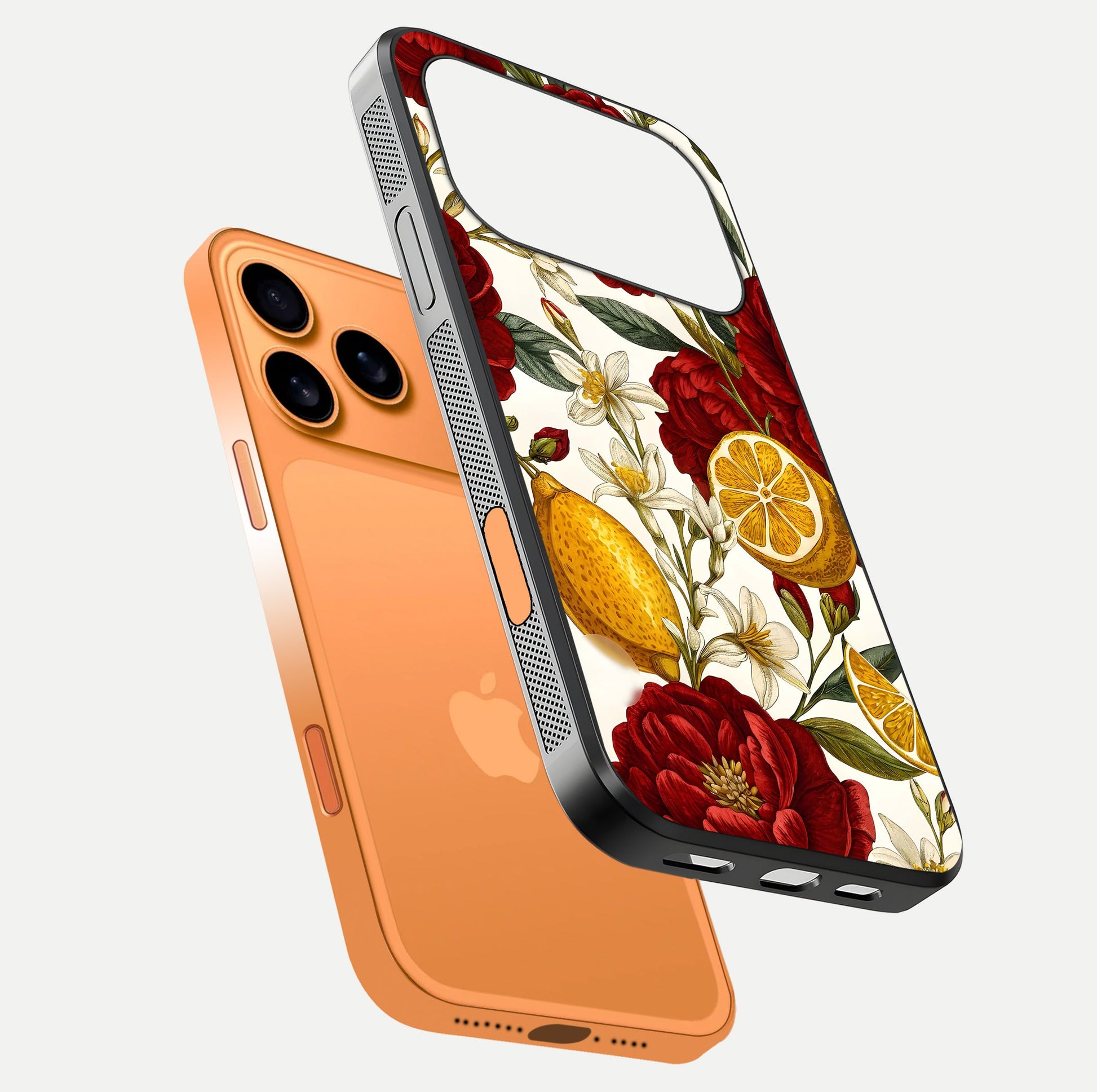 Lemon Rose Charm Glass Case for iPhone 17 Pro Max floating dual-view mockup showing gloss polish and floral gradient