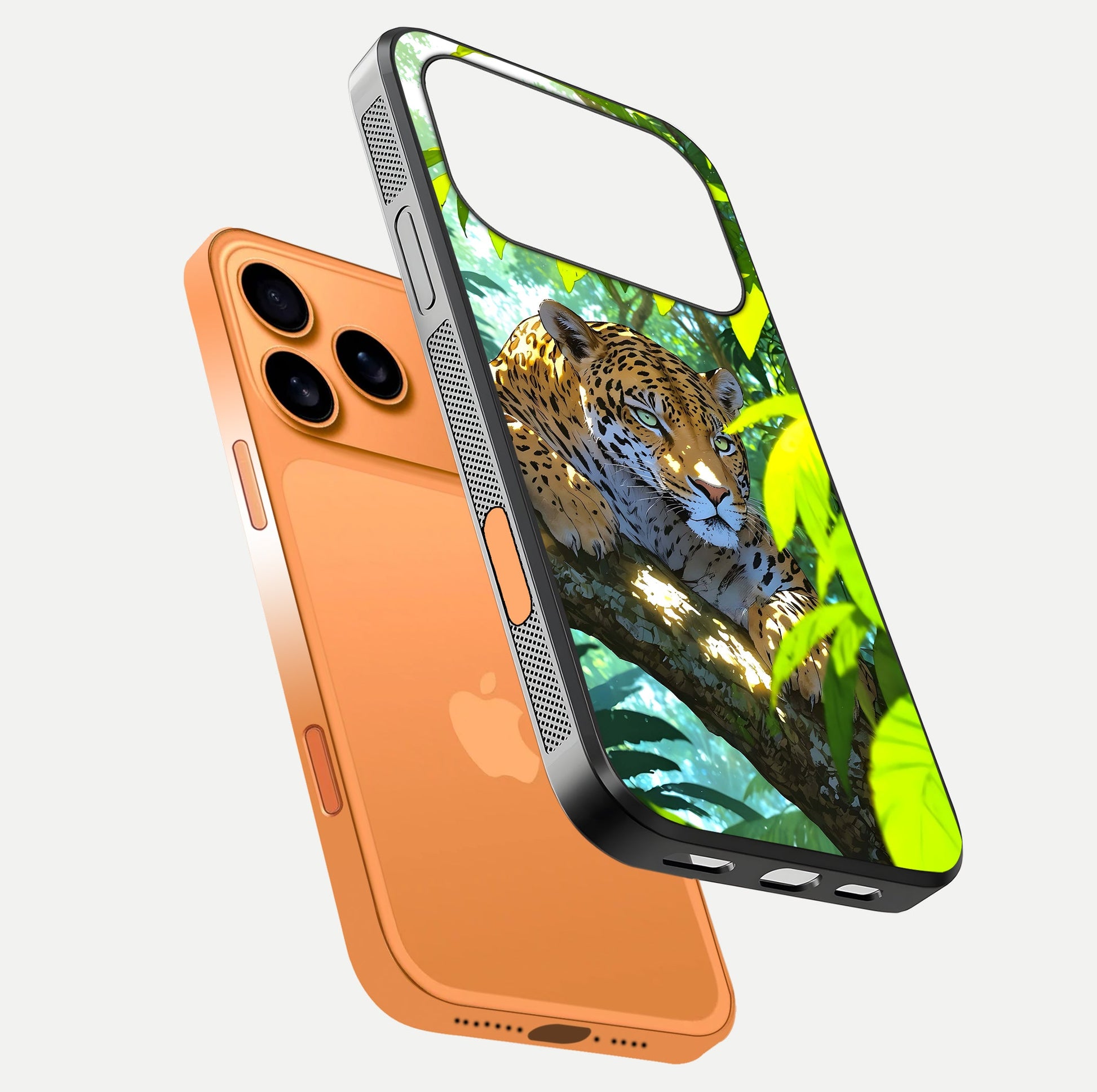 Leopard in Jungle Glass Case for iPhone 17 Pro Max floating dual-view mockup showing gloss finish and HD wild pattern