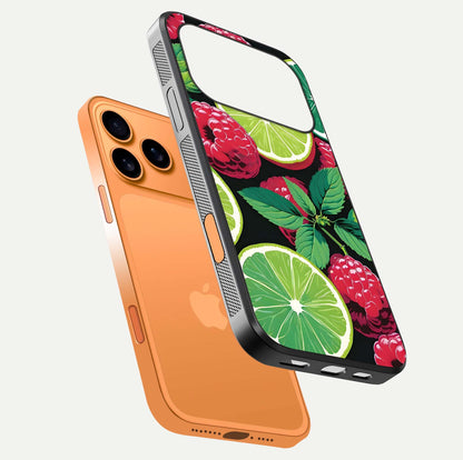 Lime and Raspberry Pattern Glass Case for iPhone 17 Pro Max floating dual-view showing HD gloss and vivid print