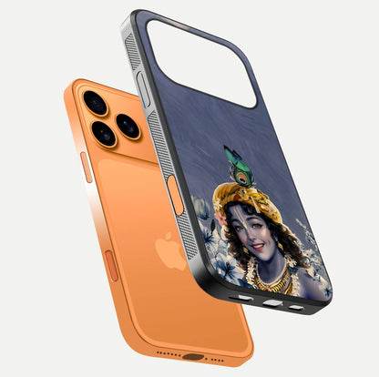 Lord Krishna Glass Case for iPhone 17 Pro Max floating dual-view showing glossy shine and divine artistic pattern