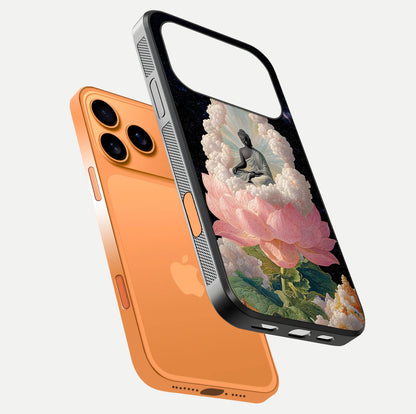 Lotus Divine Peace Glass Case for iPhone 17 Pro Max floating dual-view mockup with glass glow and spiritual calm art