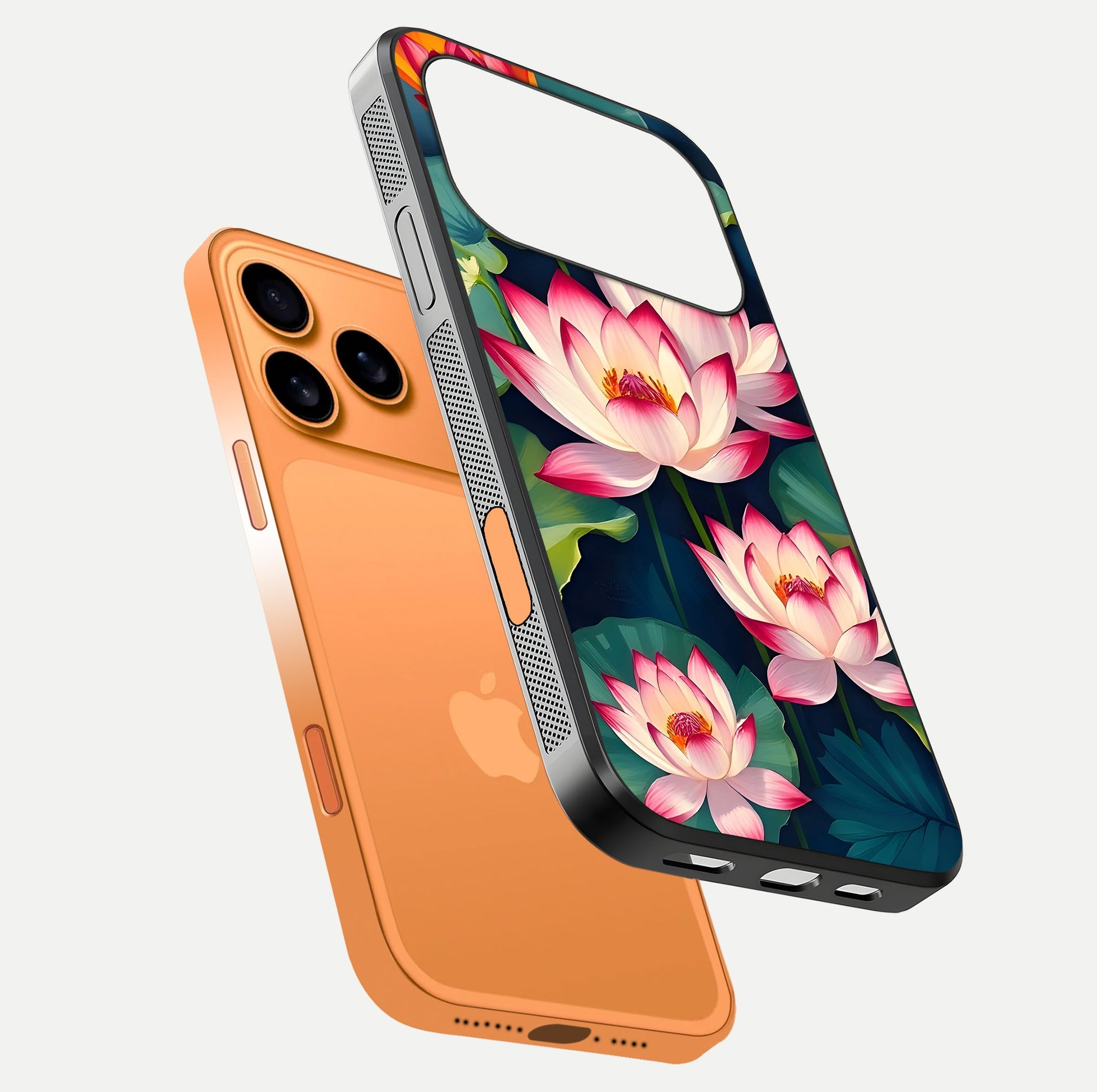 Lotus Dream Serenity Glass Case for iPhone 17 Pro Max floating dual-view mockup highlighting HD gloss glow