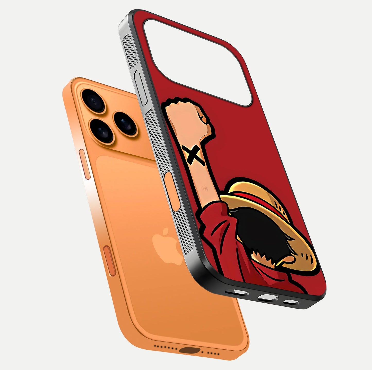 Luffy X Spirit Glass Case for iPhone 17 Pro Max floating dual-view mockup showing gloss polish and vibrant color depth