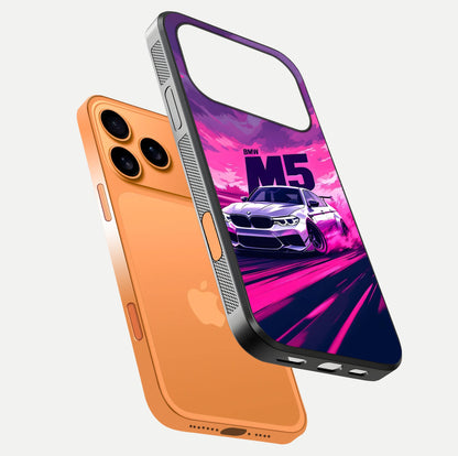MS Neon Car Glass Case for iPhone 17 Pro Max floating dual-view mockup showing HD gloss and electric color tones