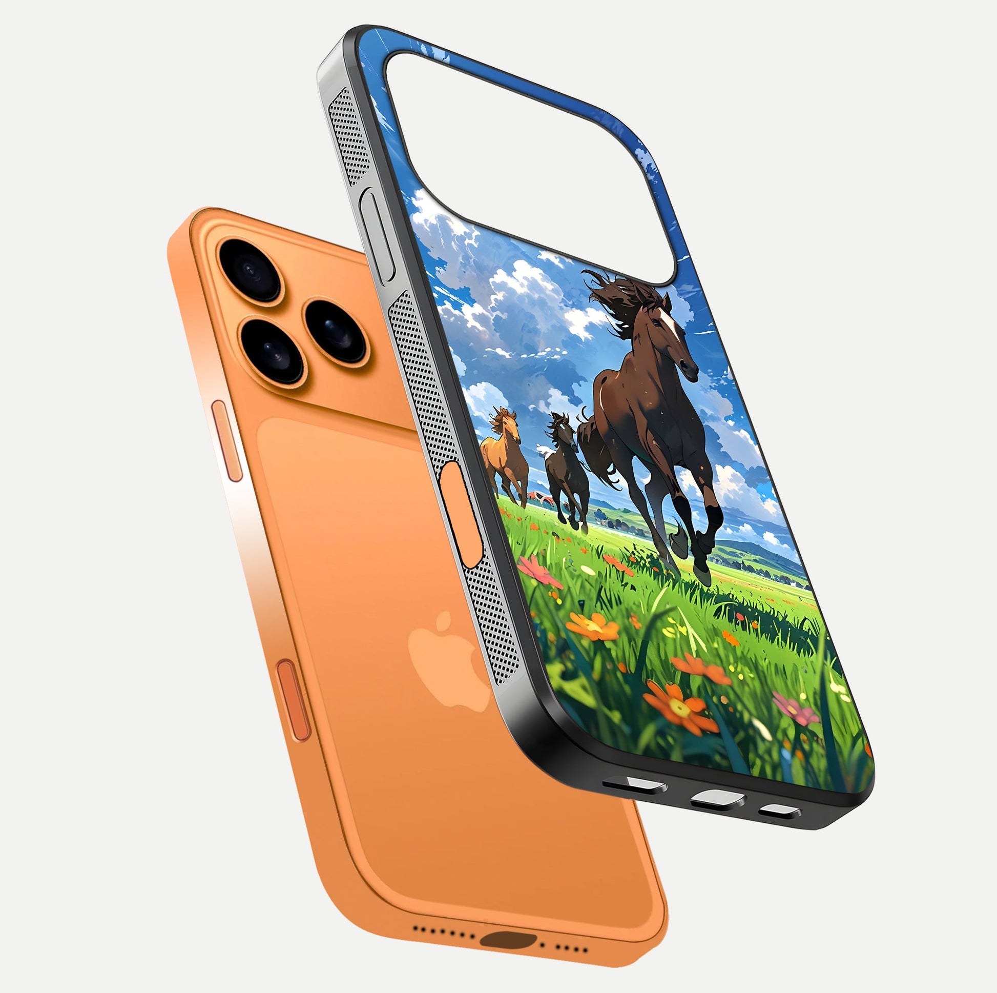 Majestic Horses Galloping Glass Case for iPhone 17 Pro Max floating dual-view mockup showing gloss texture and vivid tones