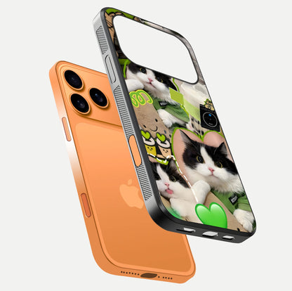Matcha Cats Mood Glass Case for iPhone 17 Pro Max floating dual-view mockup showing HD gloss surface and soft tones