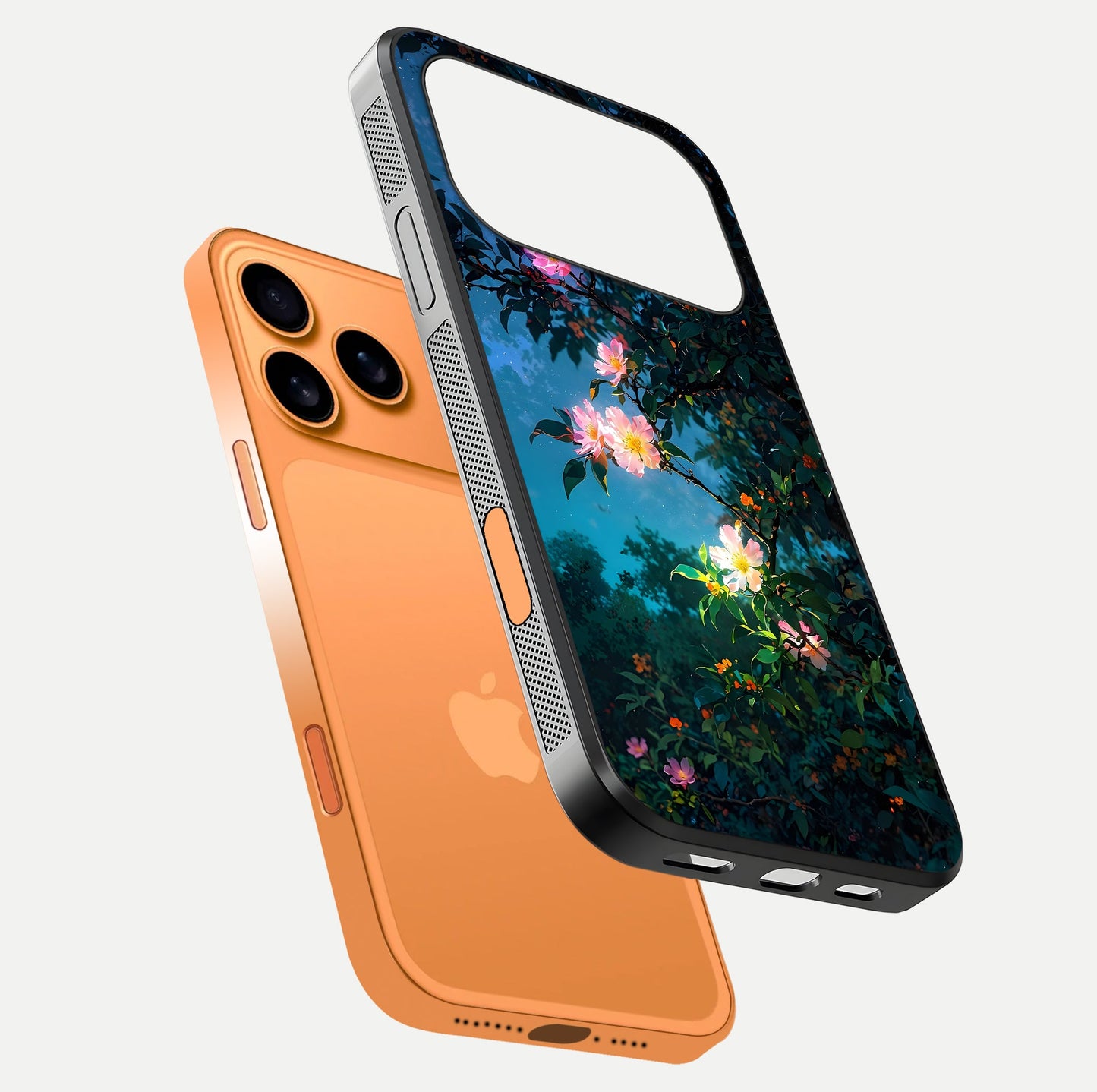 Midnight Bloom Glow Glass Case for iPhone 17 Pro Max floating dual-view mockup showing HD gloss and floral contrast