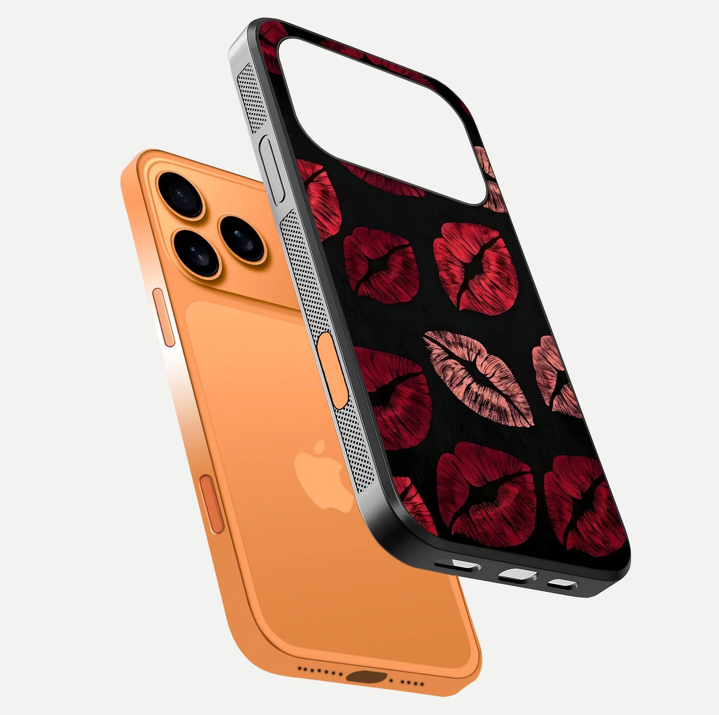 Midnight Kiss Love Glass Case for iPhone 17 Pro Max floating dual-view mockup showing HD gloss and elegant edge design