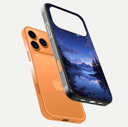 Midnight Lake Peace Glass Case for iPhone 17 Pro Max floating dual-view mockup showing gloss finish and peaceful art