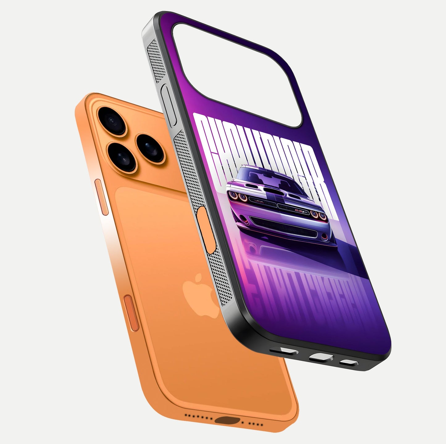Midnight Muscle Ride Glass Case for iPhone 17 Pro Max floating dual-view mockup showing glossy finish and shine depth