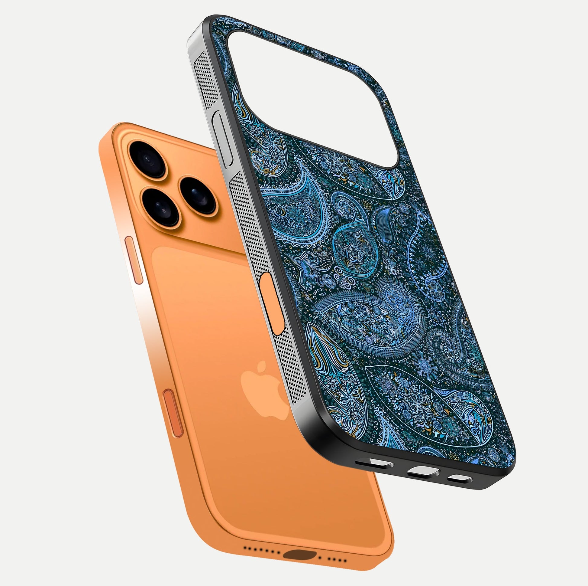 Midnight Paisley Glow Glass Case for iPhone 17 Pro Max floating dual-view mockup showing HD gloss and rich pattern