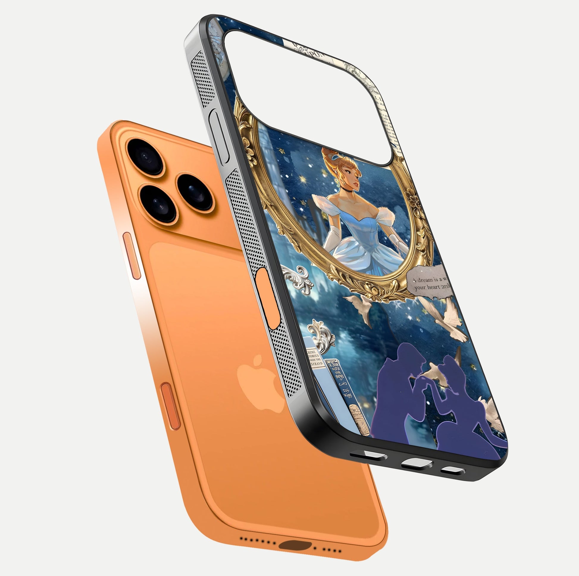 Midnight Queen Glass Case for iPhone 17 Pro Max floating dual-view mockup showing HD glass shine and luxury art