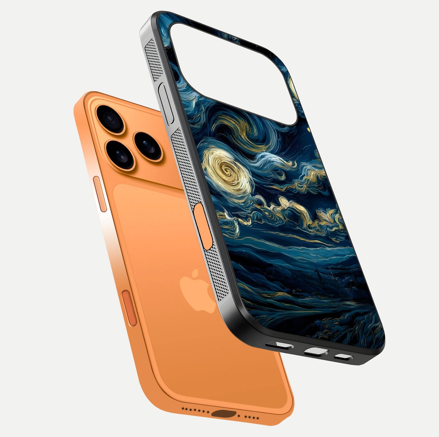 Midnight Sky Whirl Glass Case for iPhone 17 Pro Max floating dual-view mockup showing gloss texture and shine