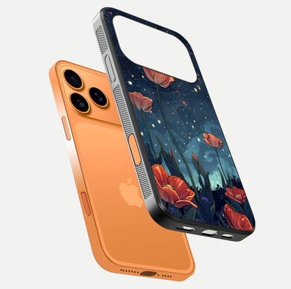 Midnight Tulip Glow Glass Case for iPhone 17 Pro Max floating dual-view mockup showing HD gloss and tulip tone