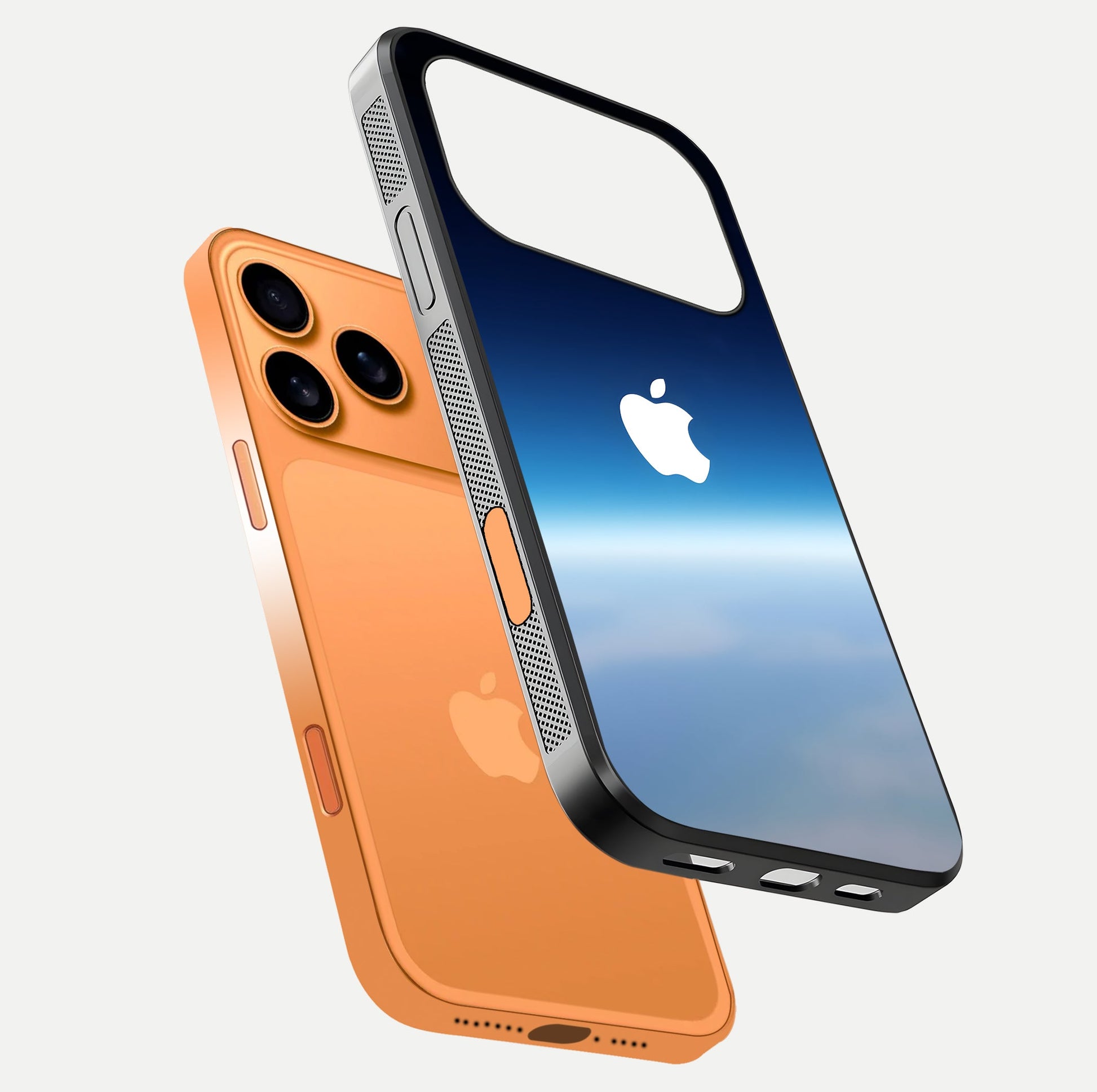 Minimal Apple Sky Glass Case for iPhone 17 Pro Max floating dual-view mockup showing HD gloss and Apple design
