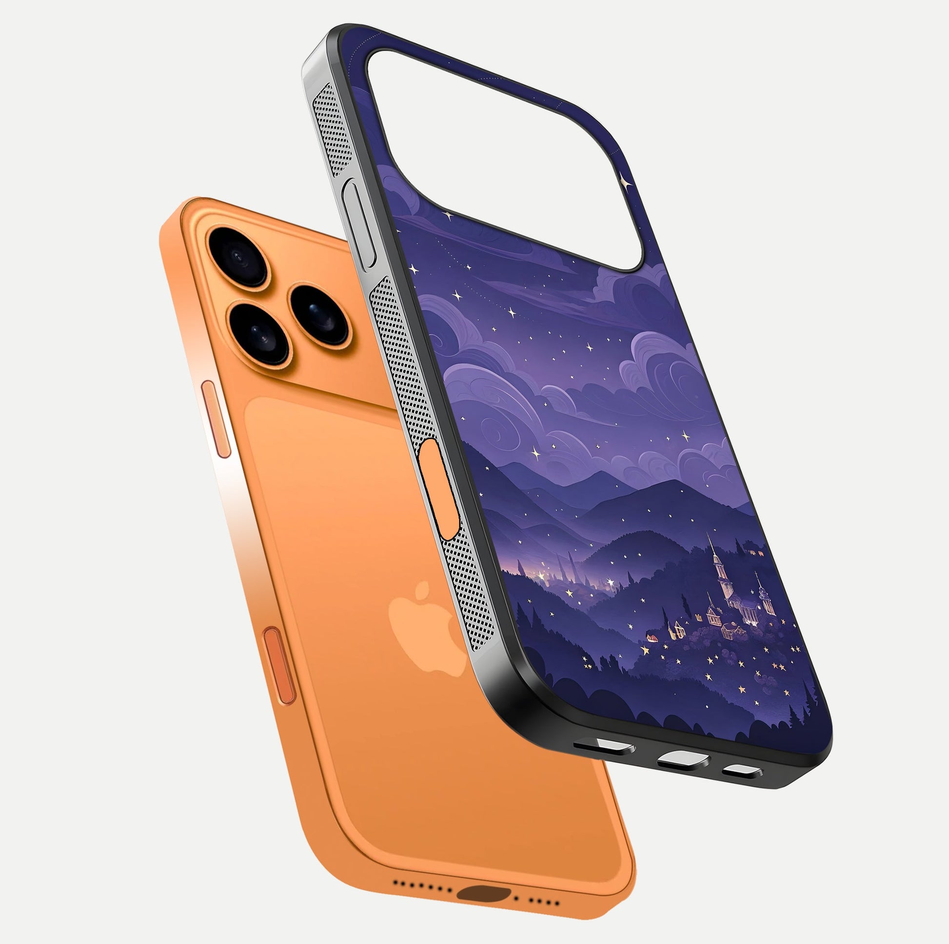 Minimal Night View Glass Case for iPhone 17 Pro Max floating dual-view mockup showing HD gloss and clean lines
