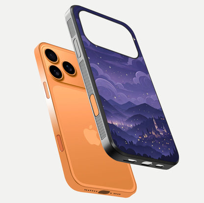 Minimal Night View Glass Case for iPhone 17 Pro Max floating dual-view mockup showing HD gloss and clean lines