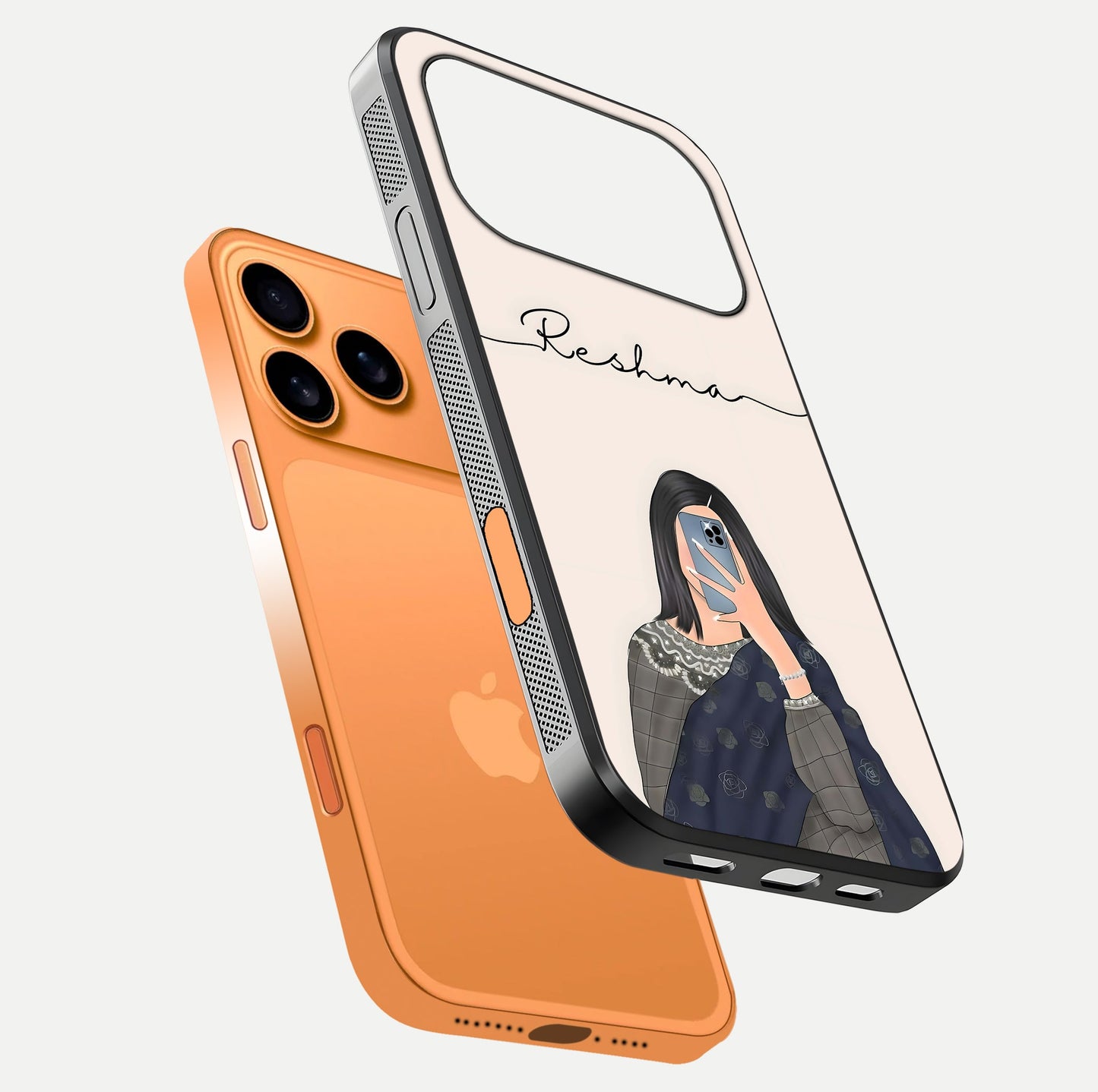 Mirror Mood Muse Custom Name Glass Case for iPhone 17 Pro Max floating dual-view mockup showing reflection and luxury style