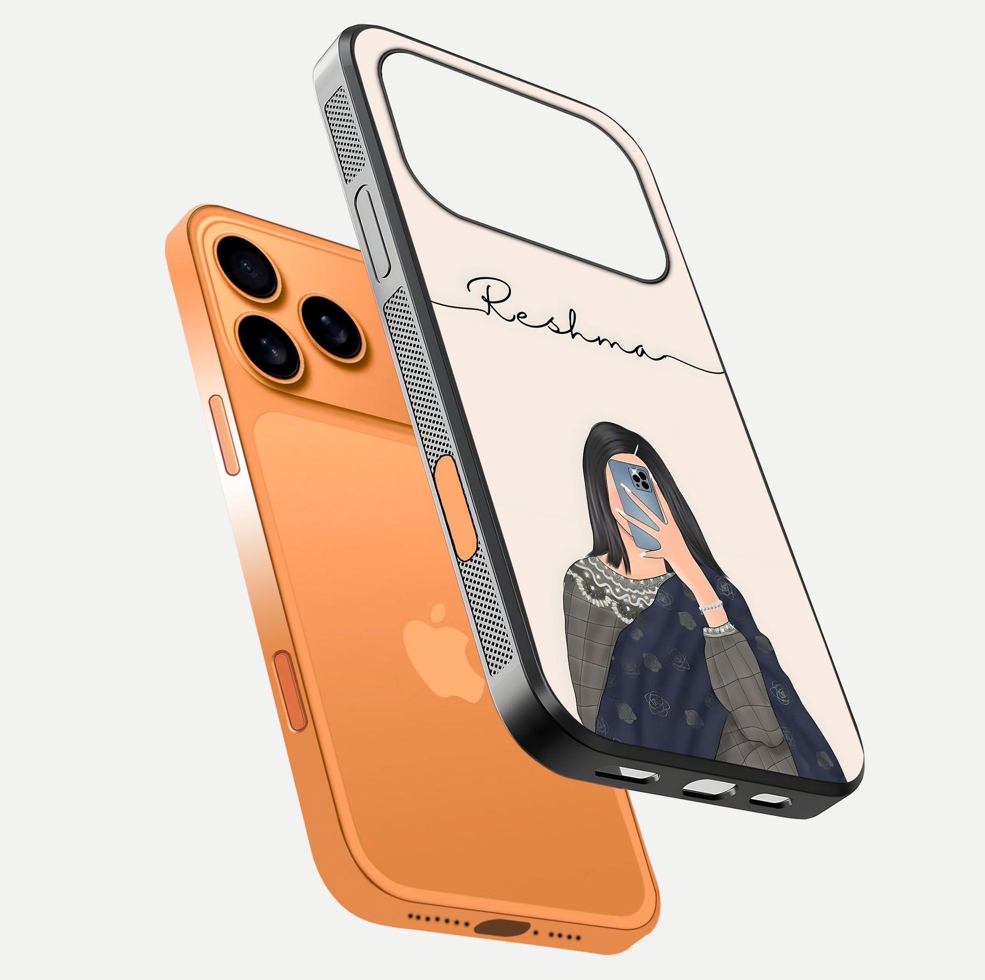 Mirror Mood Muse Custom Name Glass Case for iPhone 17 Pro Max floating dual-view mockup showing reflection and luxury style