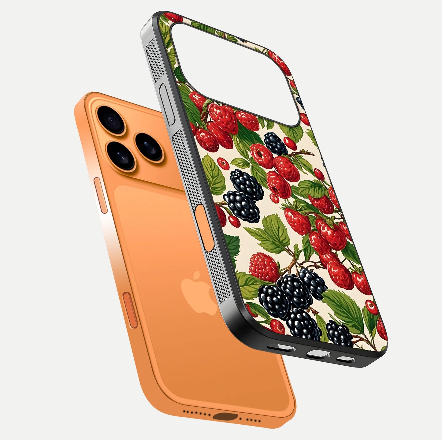 Mixed Berry Collage Glass Case for iPhone 17 Pro Max floating dual-view mockup showing gloss depth and vibrant design