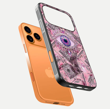 Money Eye Luxe Glass Case for iPhone 17 Pro Max floating dual-view mockup showing gloss surface and premium look