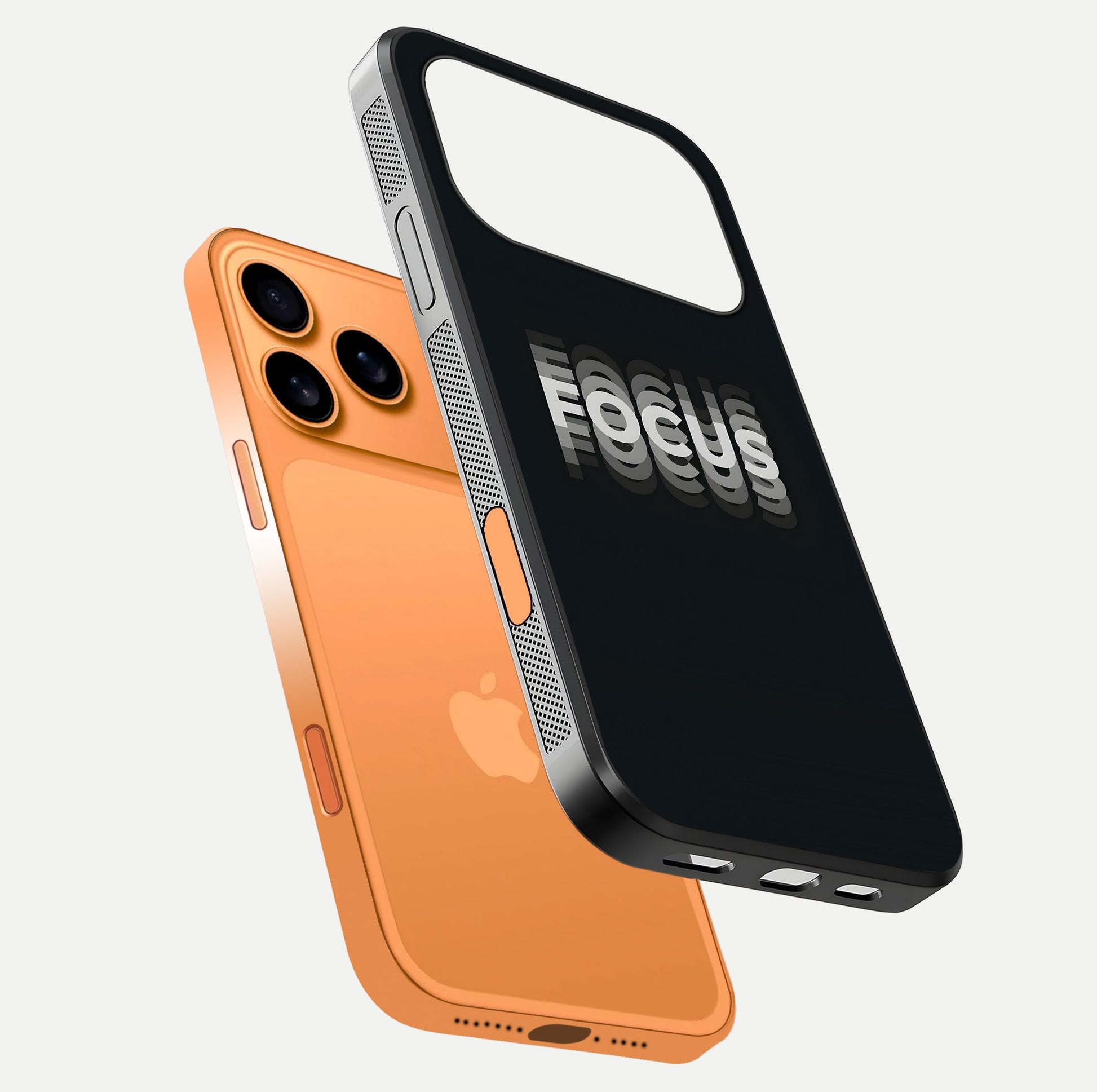 Mono Focus Vision Glass Case for iPhone 17 Pro Max floating dual-view mockup showing HD gloss and elegant simplicity